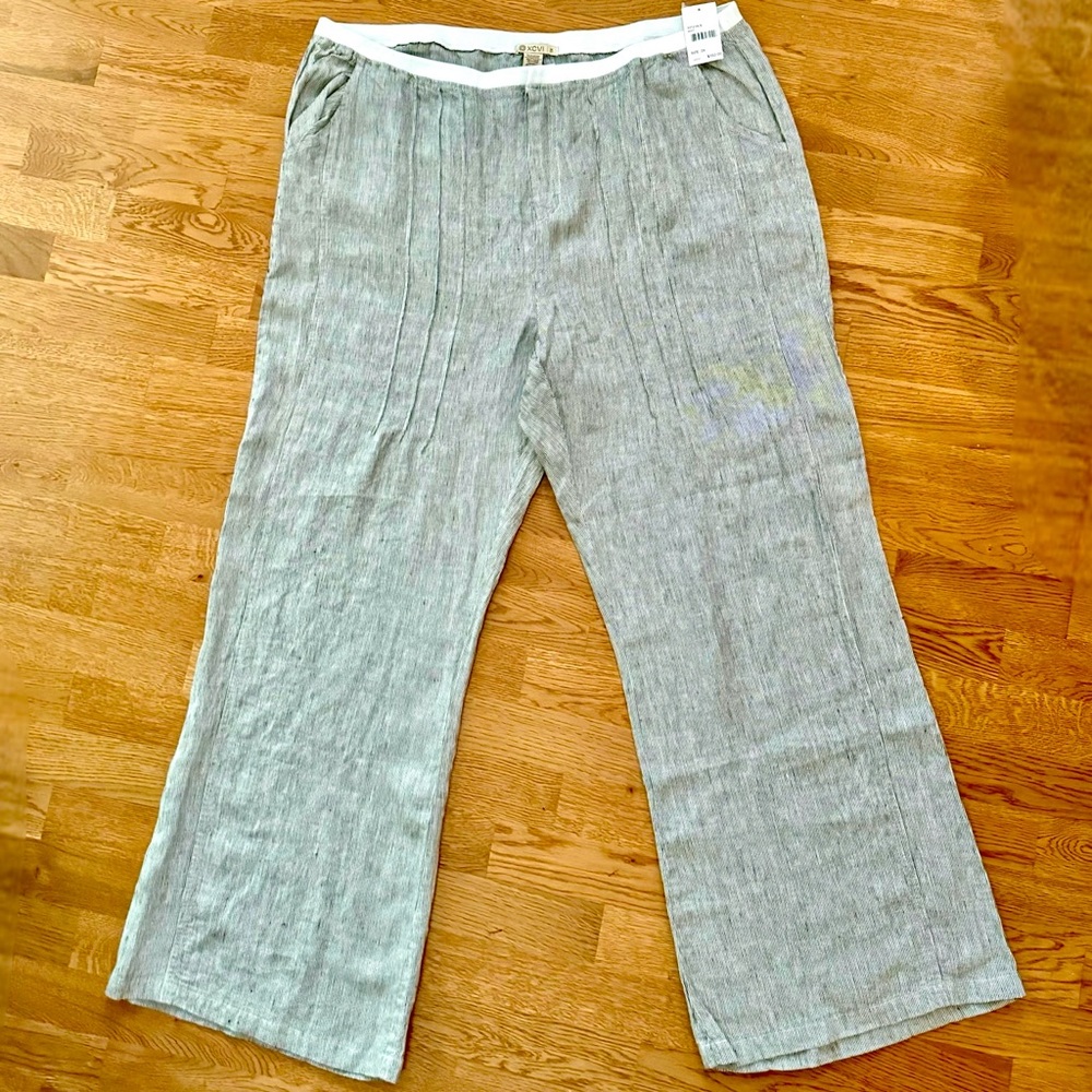 XCVI Womens Wide Leg Linen Pants 3X NEW Plus Size Pinstripe Navy Blue Bottoms